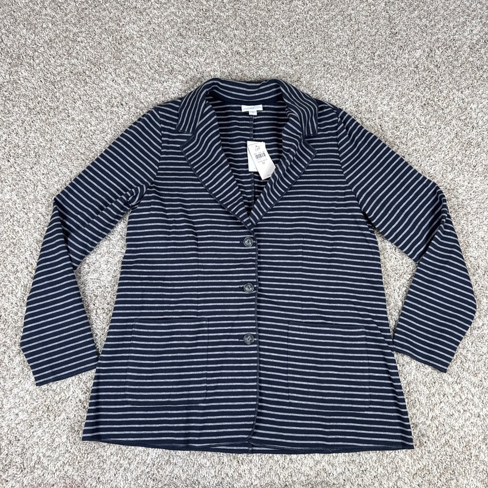 J. Jill Knit Blazer Women Medium Navy Blue Striped Cotton Blend Casual Preppy